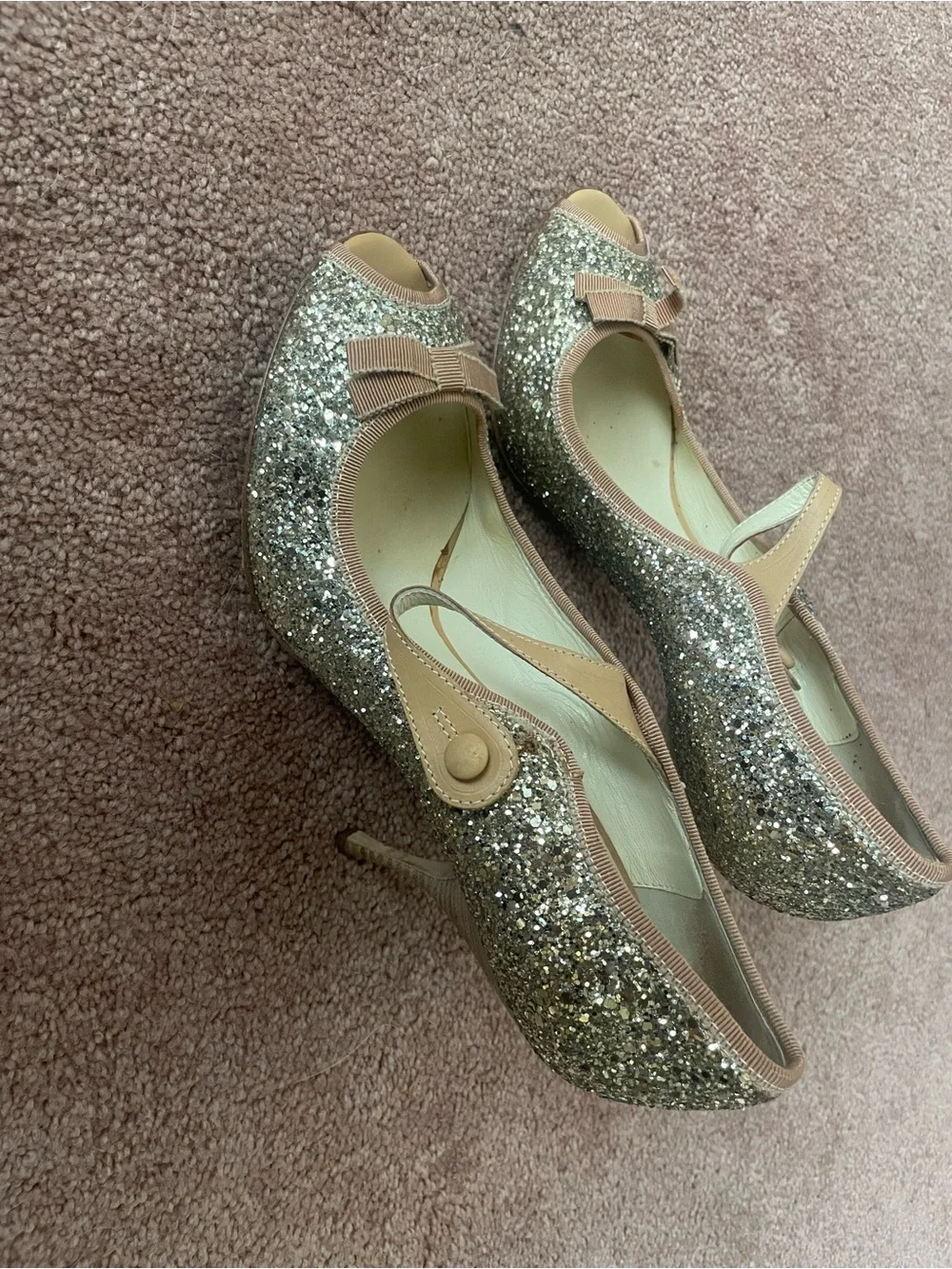 Miu Miu Glitter Peep-Toe Mary Jane Women's Shoes - Gold